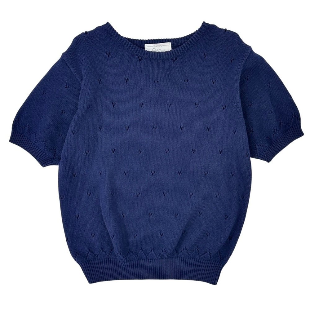 Vintage Pointelle Knit Eaton Navy Blue Loose Fit Short Sleeve Cotton Top T-Shirt